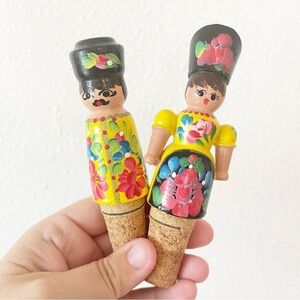 Vintage Wine Stoppers Set 2 Hand Painted Wood Man Woman Budapest Folk Art